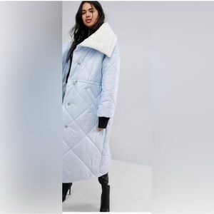 ASOS DESIGN Women's Light Blue Quilted Coat w/ FUR TRIM COLLAR 8